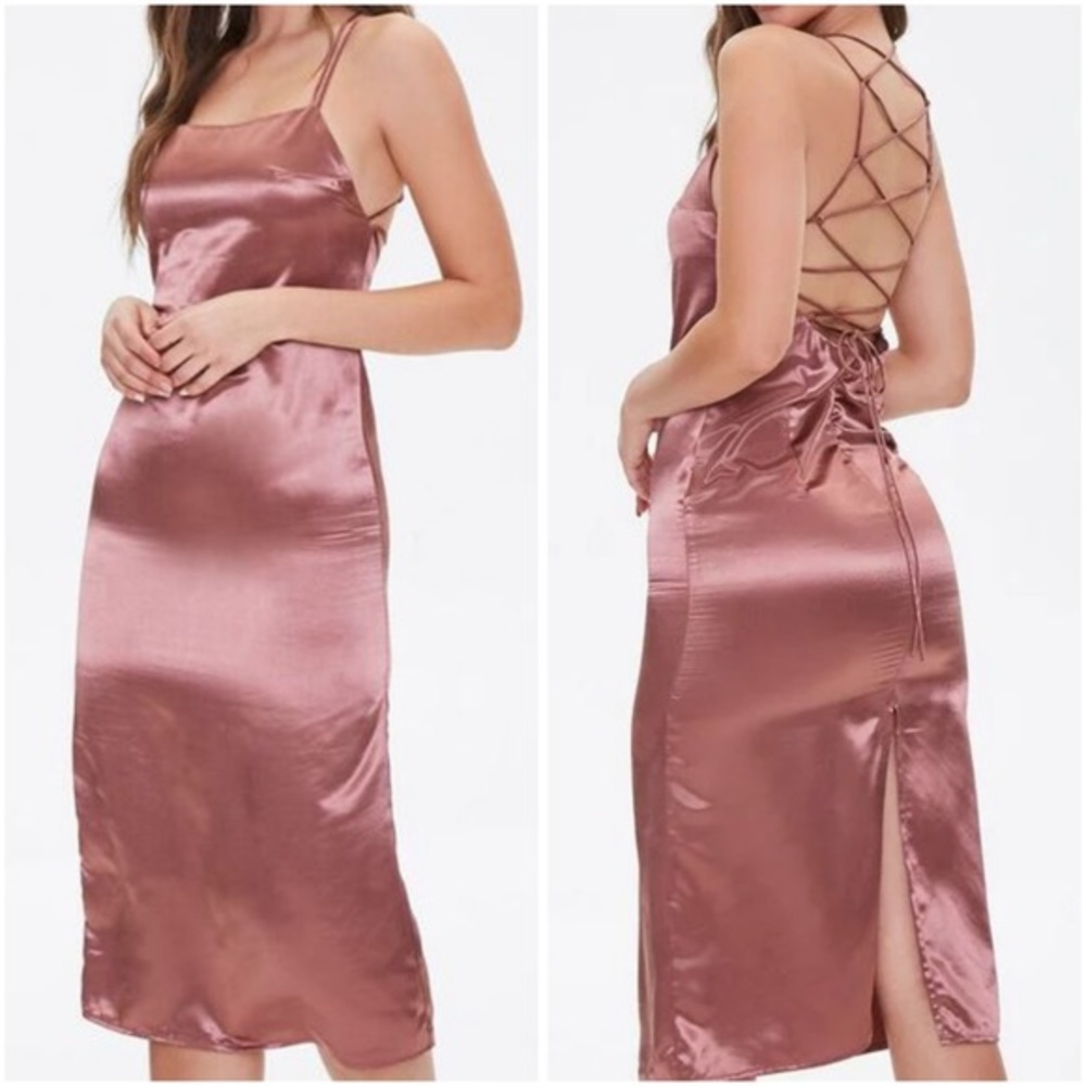 Brown Knee Length Satin Lace up Back Dress